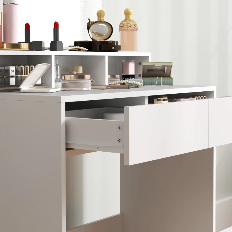 HOMCOM Mesa de maquillaje con espejo, 3 estantes, 2 cajones y taburete, de madera, 75x38x135 cm, Blanco