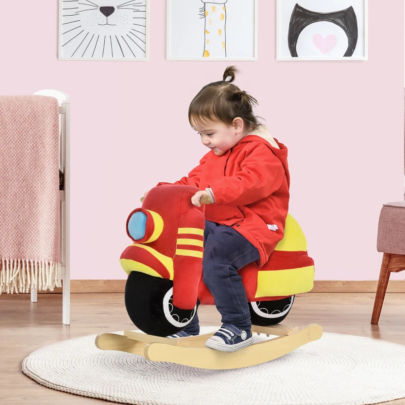 HOMCOM Caballito mecedor para niños 18-36 meses con forma de moto, caballito montable en madera y peluche, sonidos realistas, Max. 40kg, Rojo y Amarillo