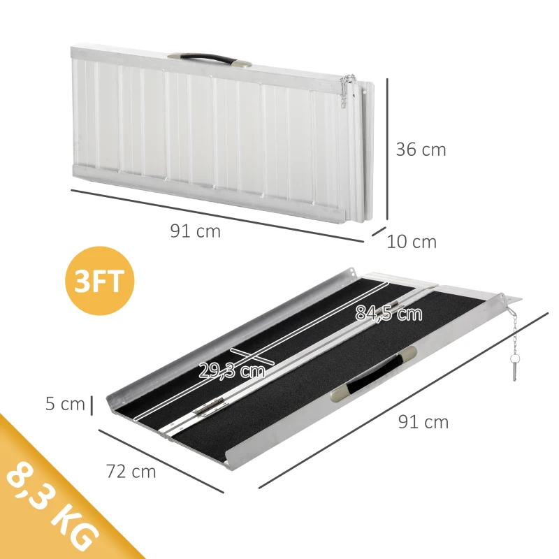 HOMCOM Rampa para Silla de Ruedas Rampa de Carga Rampa de Acceso antideslizante Plegable con Bordes de seguridad Máx. 270 kg dim. 91L x 72l x 5H cm alu. Negro