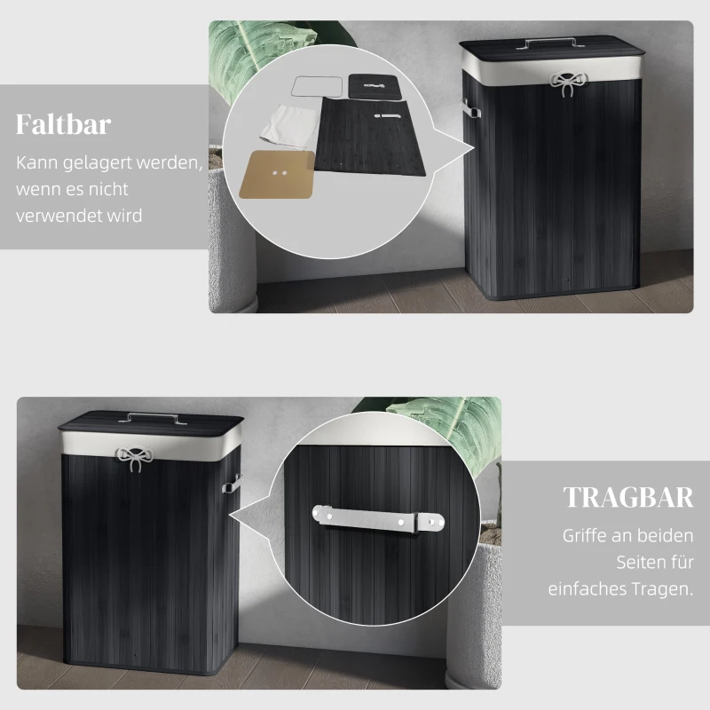 HOMCOM Wäschekorb, Wäschebox, Wäschesammler mit Deckel, Segeltuchsack, Bambus, faltbar, 72L, Schwarz 40 x 30 x 60 cm