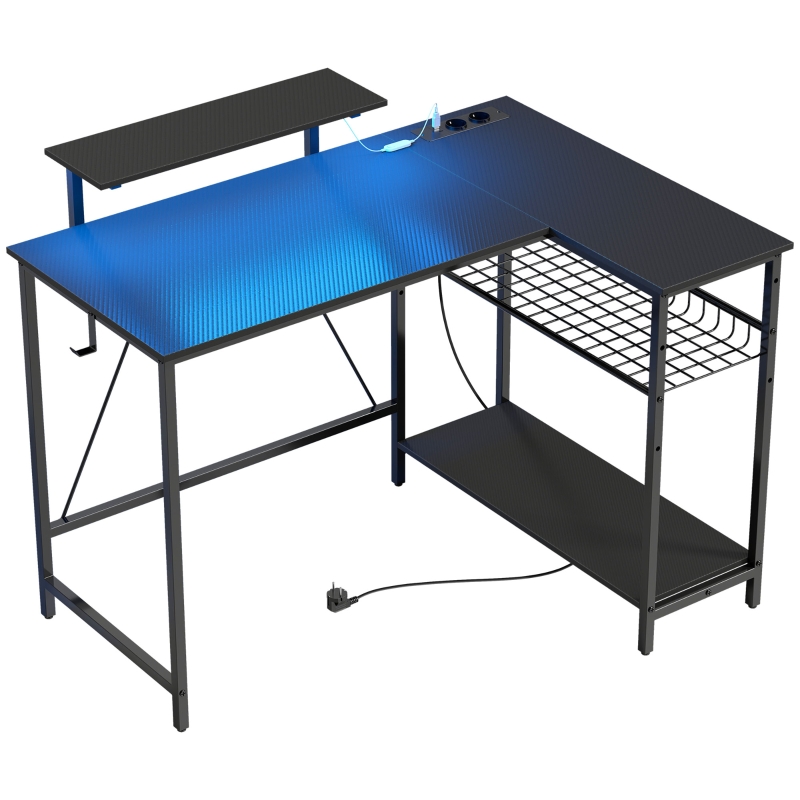 HOMCOM Escritorio Gaming Esquinero con LED, Tomas Eléctricas, Soporte para Monitor y Estantería, Negro