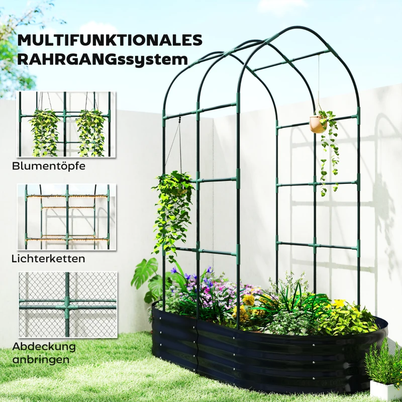 Outsunny Hochbeet mit Rankgitter, Metall Pflanzkasten mit Handschuhe Gartenkasten 160 x 90 x 180 cm, Dunkelgrau