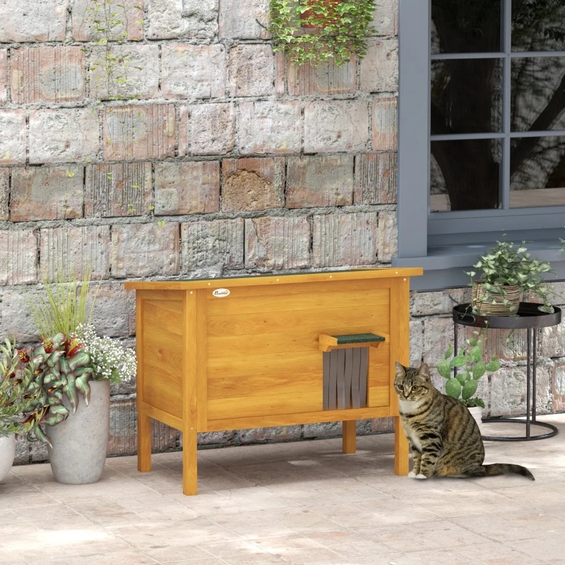 PawHut Maison pour chats niche d'extérieur en bois surrélevée avec toit ouvrable isolée  85 x 50 x 68,5 cm naturel vert