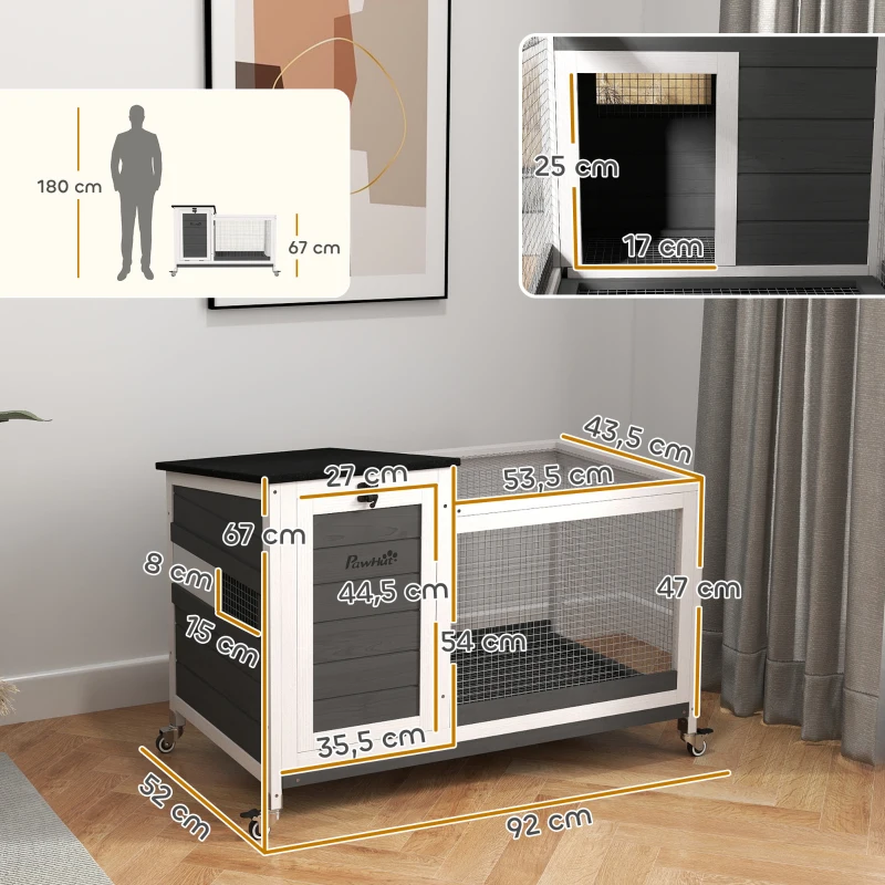 PawHut Conejera de madera con recinto, ruedas, techo abatible para interior y exterior 92 x 52 x 67 cm Gris oscuro