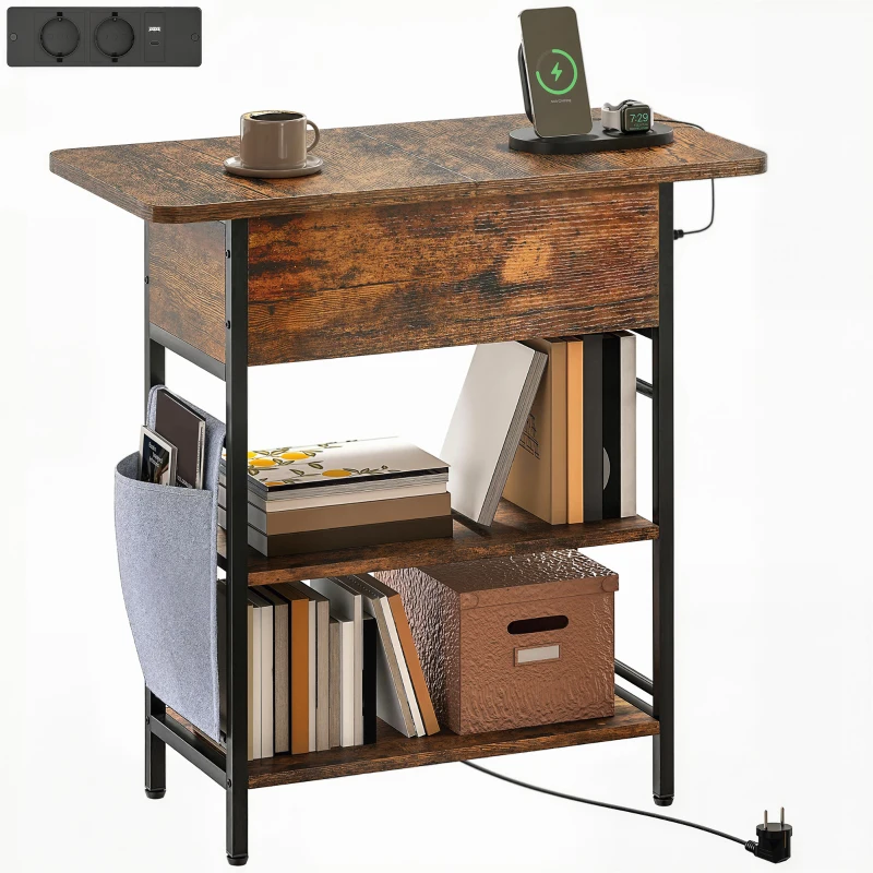 HOMCOM Table d'appoint bout de canapé avec station de charge et sac de rangement, 60 x 29,8 x 58,5 cm, brun rustique