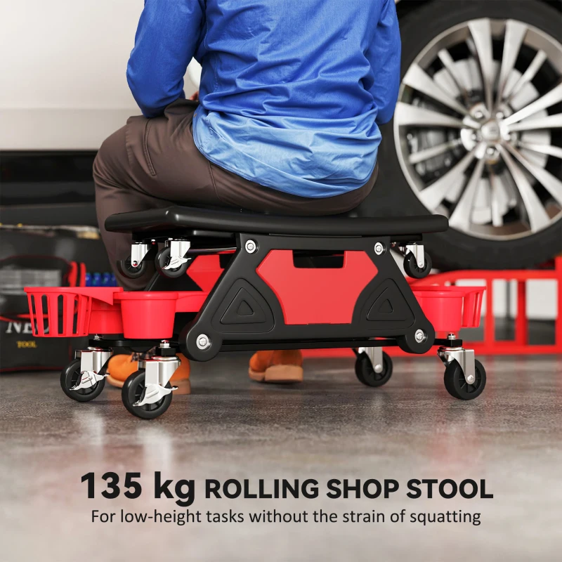 HOMCOM Rolling Mechanic Stool, 135kg Capacity Workshop Stool with 360° Swivel Wheels, Roller Creeper Seat with Slide Out Tool Trays, Drawer, Bottle Holders for Garage, Shop, Auto Repair, Red