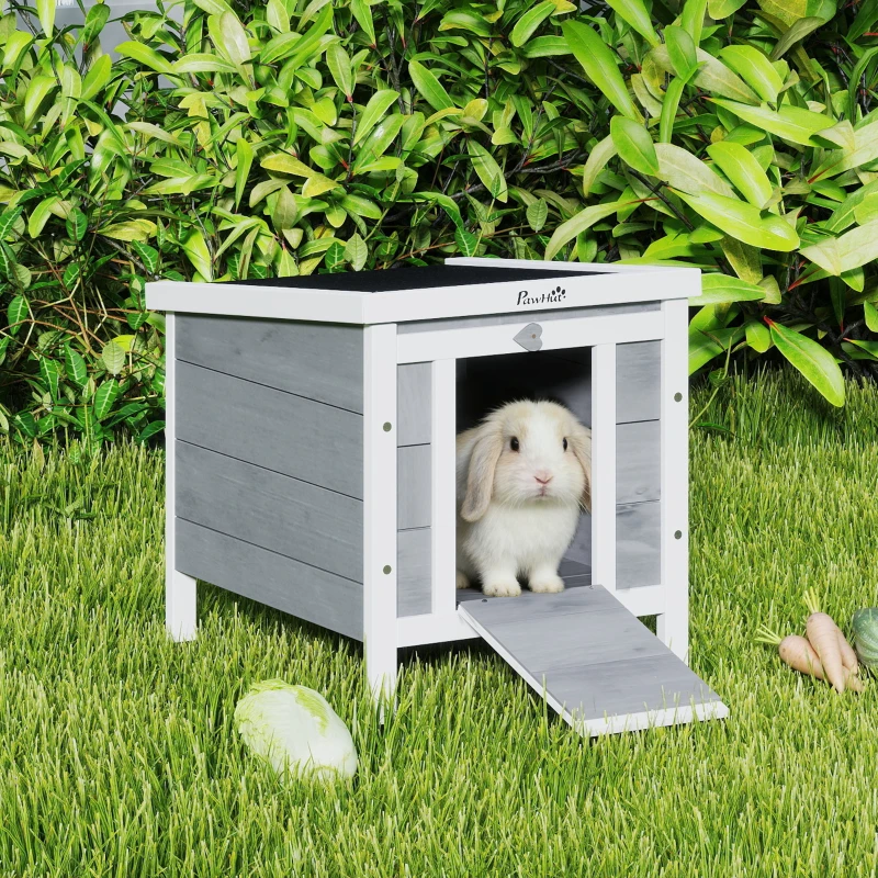 PawHut Clapier à lapin cage à lapin avec rampes/porte, toit ouvrant et étanche - en bois de sapin 51 x 42 x 43 cm gris et blanc