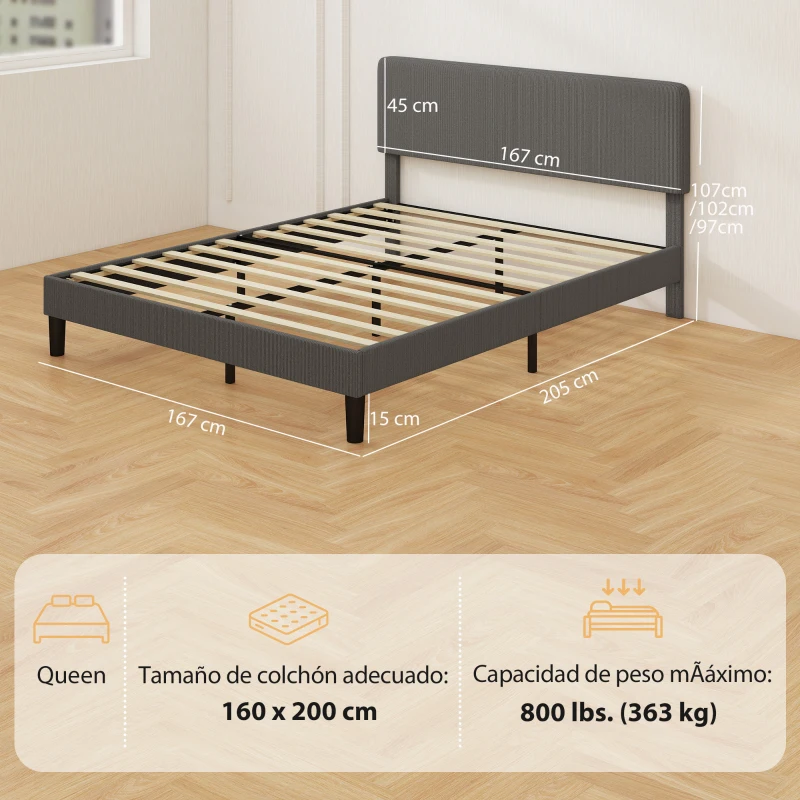 HOMCOM Somier 160x200 cm con Cabecero Ajustable Tapizado en Pana Láminas de Madera Fácil de Montar Gris Oscuro