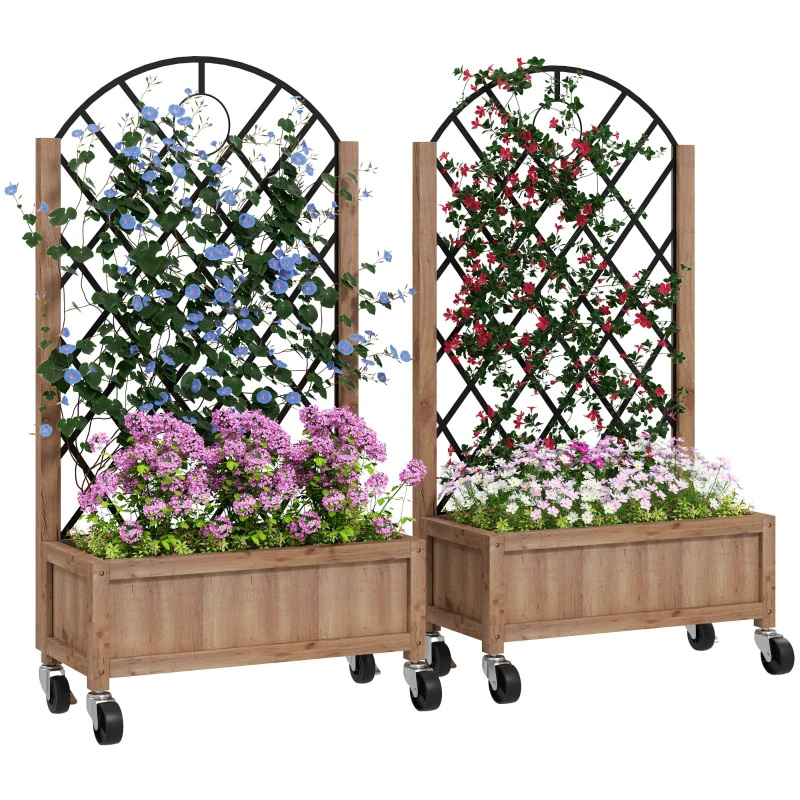 Outsunny Wooden Planter, with Metal Trellis - Brown/Black