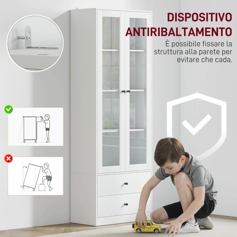 HOMCOM Aparador de Cocina con Armario y 2 Cajones, Puertas de Vidrio y Estantes Regulables, 59x30x164 cm, Blanco
