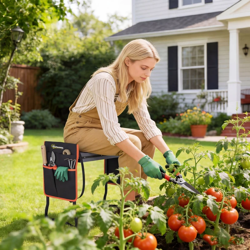 Outsunny Tabouret de Jardin Pliable avec Coussinet EVA Siège de Jardin avec Sac à Outils à la Taille Carga 150kg
