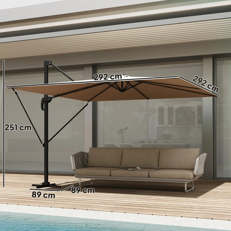 Outsunny Parasol déporté 2,9x2,9 m en aluminium avec manivelle inclinaison réglable rotation 360° base croisée et housse kaki