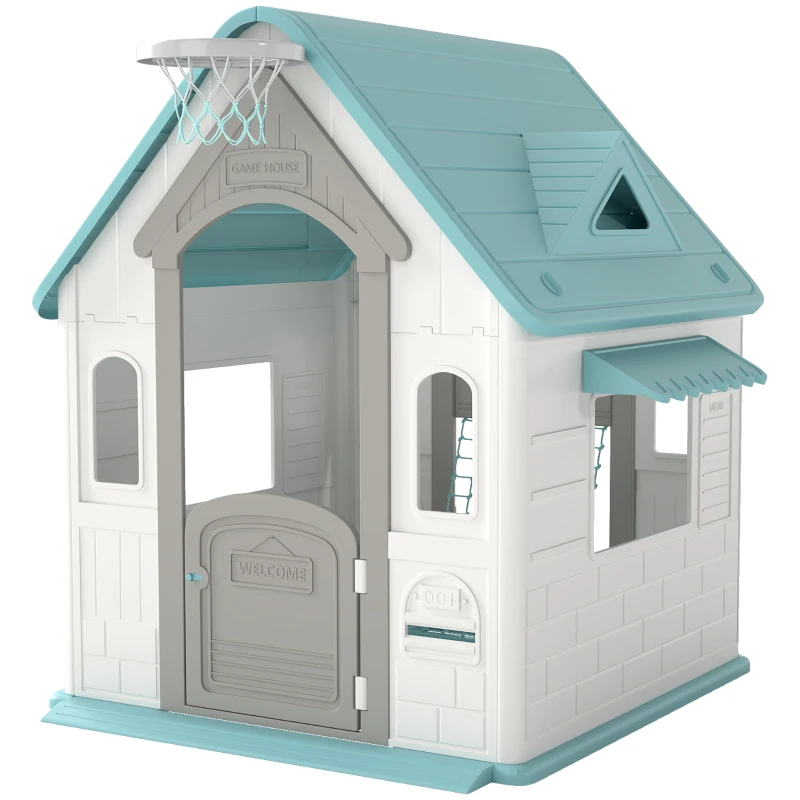 AIYAPLAY Casita Infantil Exterior e Interior 5 en 1 con Lanzamiento de Aros Baloncesto Fútbol Dardos para Niños +2 Años Beige