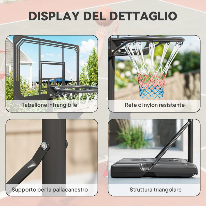 SPORTNOW Aro de Baloncesto con 6 Alturas Regulables, Base Rellenable y Ruedas, en PE, Acero y Poliéster, Negro