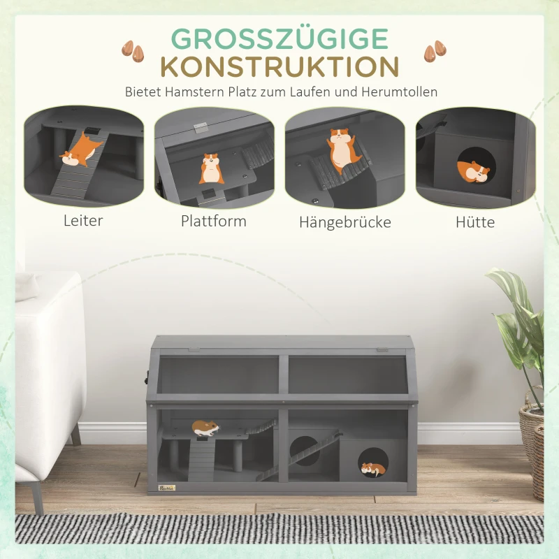 PawHut Hamsterkäfig, Kleintierkäfig aus Holz, Hängebrücke, Leitern, Hütte, 84 x 45 x 44 cm, für Zwerghamster, Grau