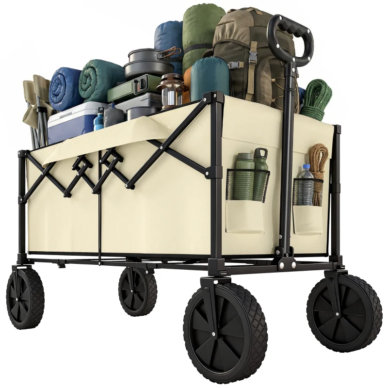 Outsunny 95L Foldable Festival Trolley on Wheels, Collapsible Wagon Cart with Adjustable Handle and 2 Cup Holders, Khaki