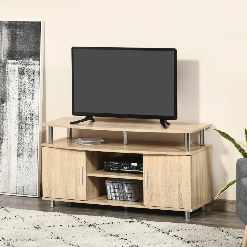HOMCOM Mueble TV moderno con 2 estantes, orificios pasacables y 2 armarios en MDF 105x40x55cm - Roble