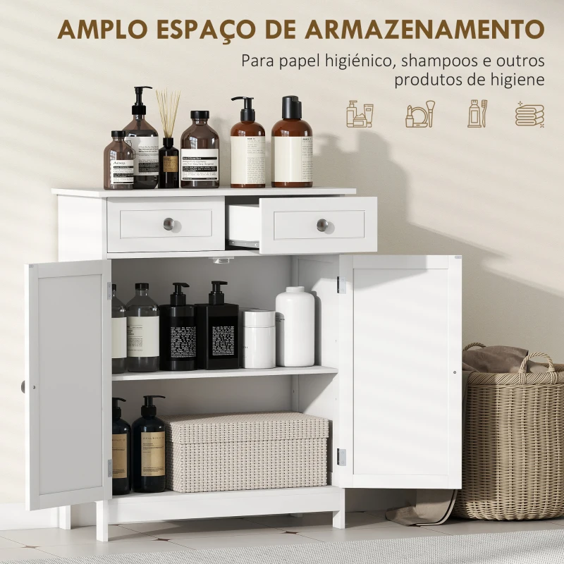 kleankin Armário Auxiliar Casa de Banho com 2 Gavetas 2 Portas e Prateleira Ajustável Estilo Moderno 60x30x75cm Branco