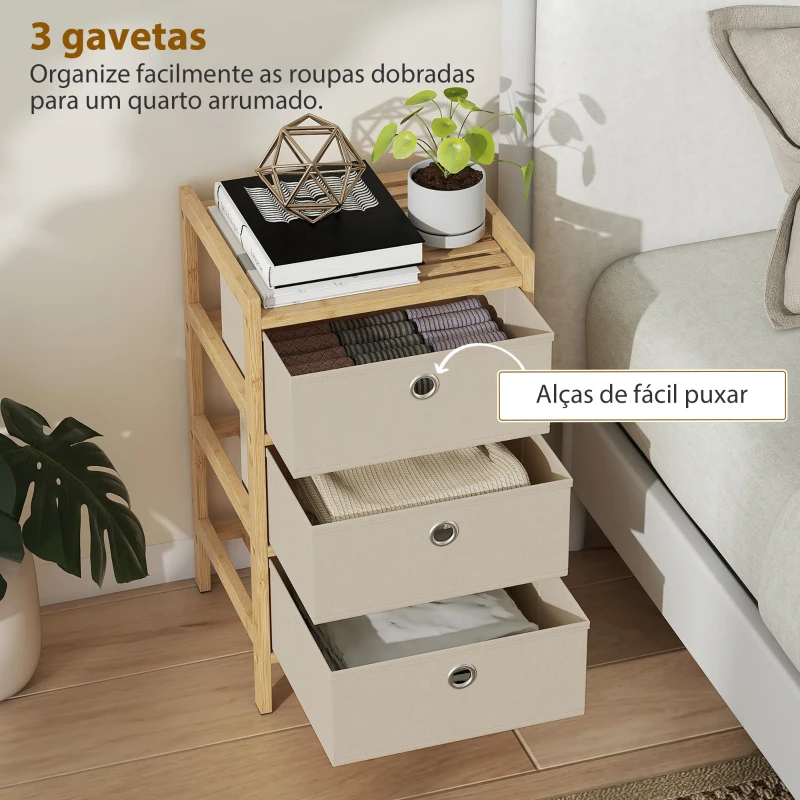 HOMCOM Cómoda de Bambu com 3 Gavetas de Tecido, Compacta para Espaços Pequenos, Creme e Madeira