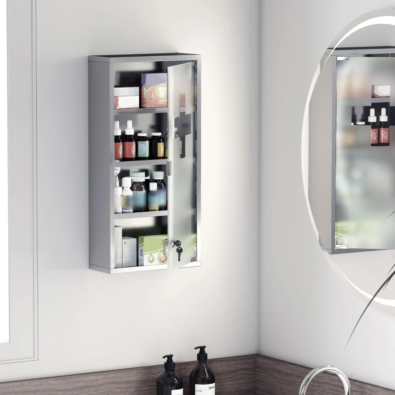 HOMCOM Medicijnkastje medicijnkastje EHBO met slot RVS 30 x 12 x 60 cm