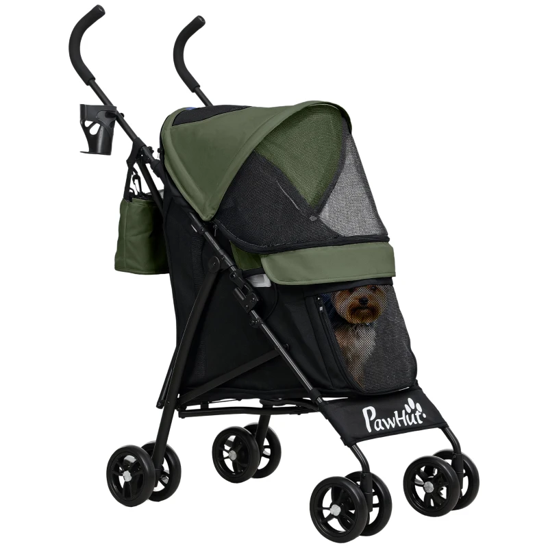 PawHut Foldable Dog Stroller, Lightweight Dog Pram w/ Shoulder Strap, Storage Bag, Cup Holder, Dark Green