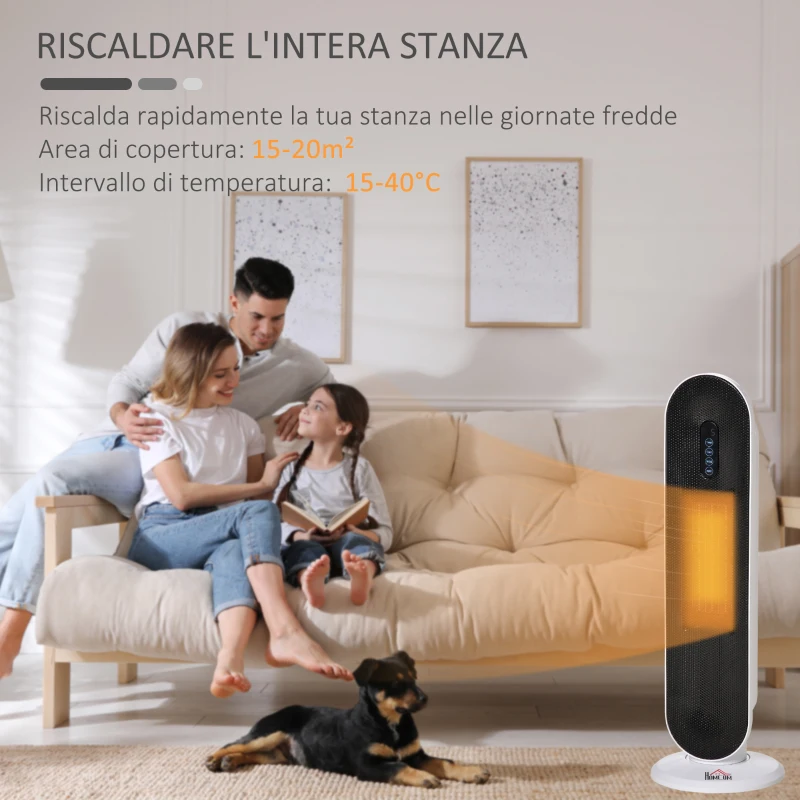 HOMCOM Stufa Elettrica Oscillante con Telecomando, Timer e 2 Modalità, in PP, PA e Metallo, 21x21x63.5 cm, Bianca e Nera