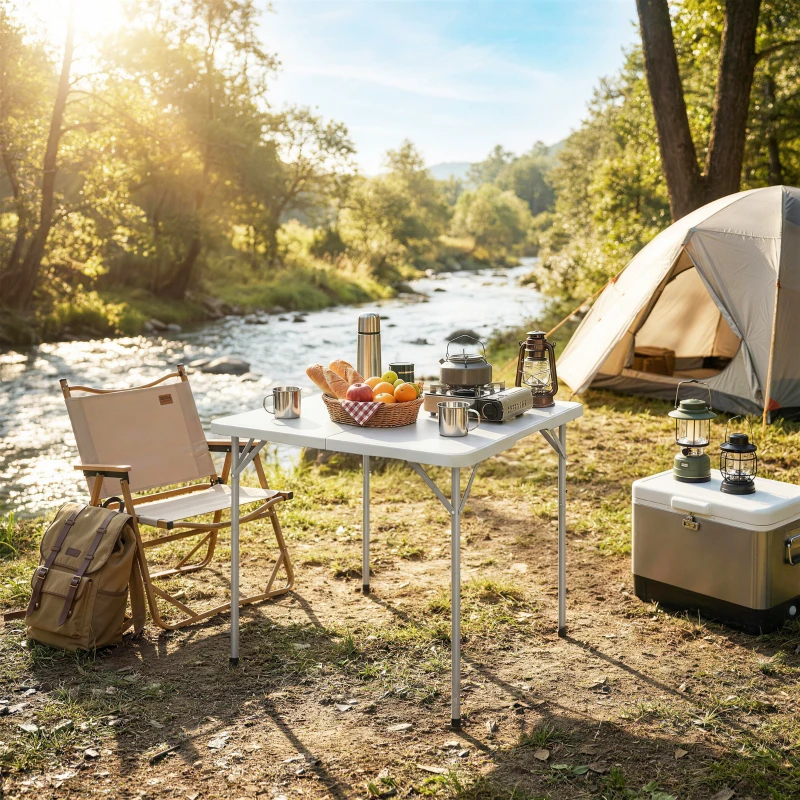 Outsunny Mesa Dobrável em HDPE Mesa de Campismo Dobrável Quadrada 86x86x74 cm com Alça Altura Ajustável Branco