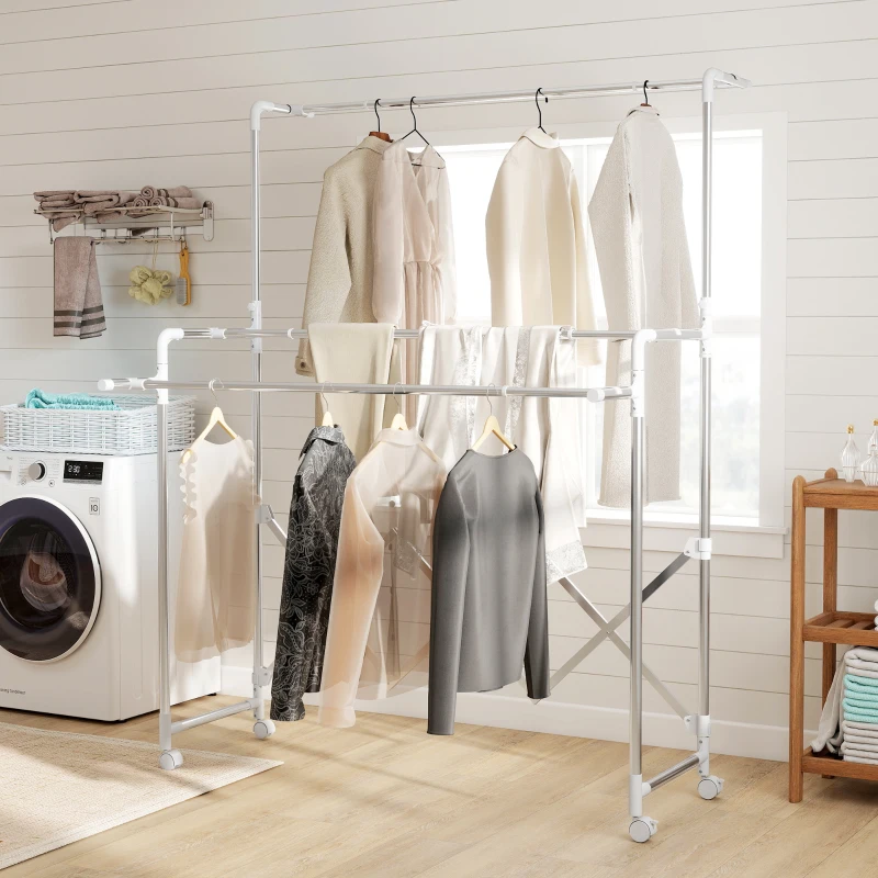 HOMCOM Séchoir à linge pliable étendoir linge intérieur à 3 barres réglables et 4 roulettes 104-150 x 103 x 145-197 cm argent