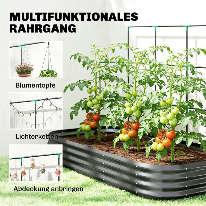 Outsunny Hochbeet mit Rankgitter, Metall Pflanzkasten mit Schutzkante Handschuhe 220 x 110 x 150 cm, Dunkelgrau