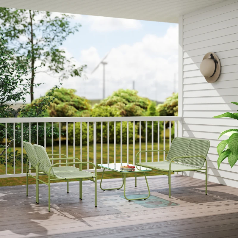 Outsunny Salón de Exterior en Rattan PE con Sofá de 2 Plazas, 2 Sillones y Mesa con Tapa de Vidrio, Verde