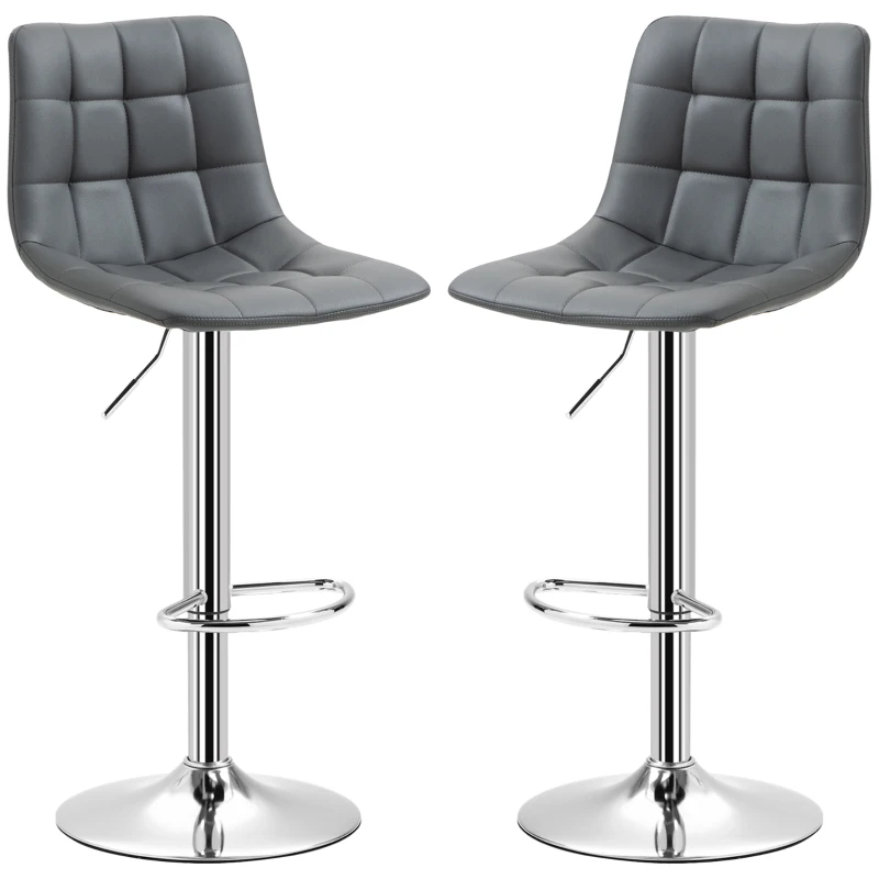 HOMCOM Juego 2 Taburetes de Bar Giratorios en Polipiel con Respaldo y Reposapiés, 42x45x89-110cm, Gris