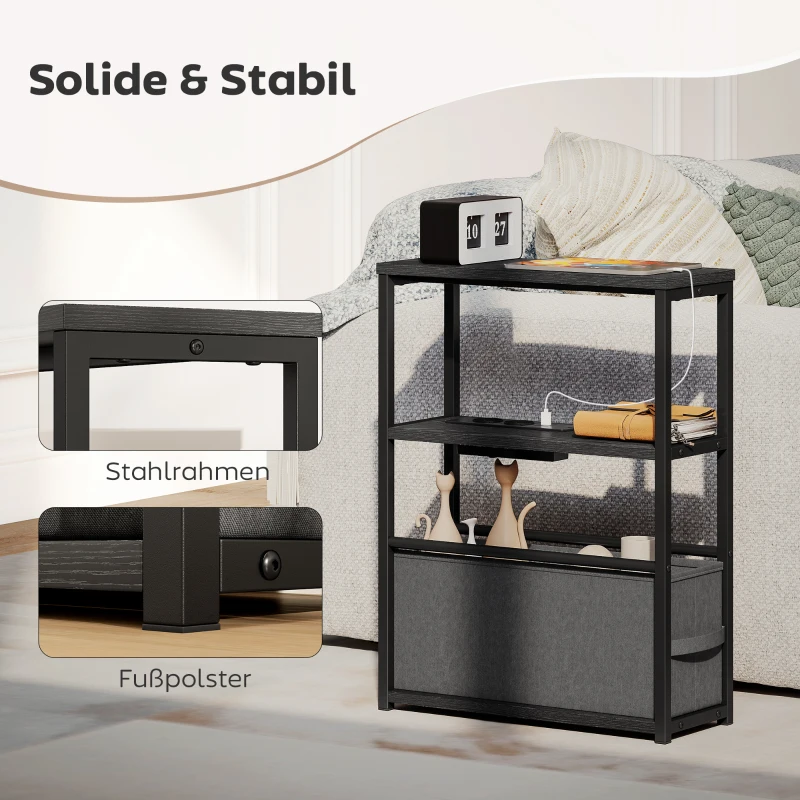 HOMCOM Beistelltisch Sofatisch mit Steckdosenleiste, Ablage, für Kleine Räume, 45x18x60,2cm, Schwarz