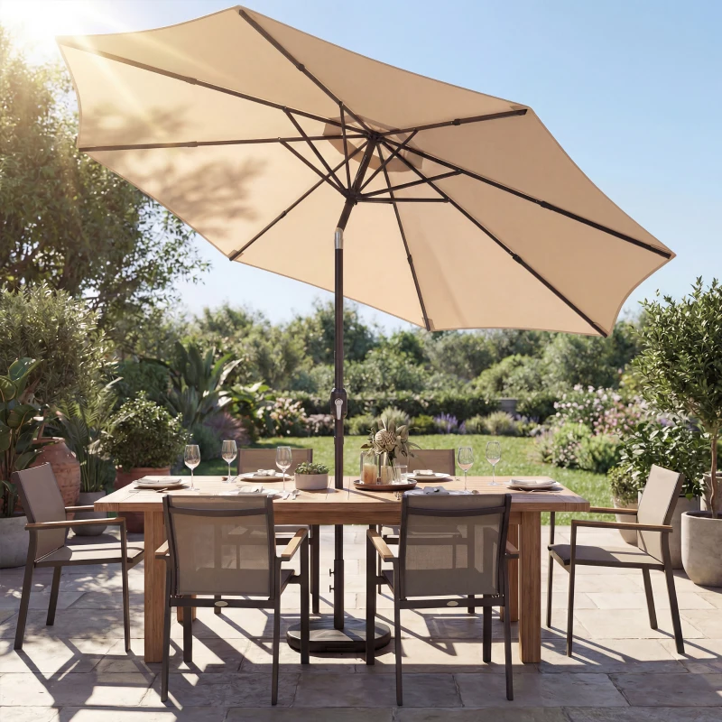 Outsunny 2.7 m Garden Parasol Umbrella with Cross Base and Sandbag, Retractable Ribs, Outdoor Table Market Umbrella, Khaki