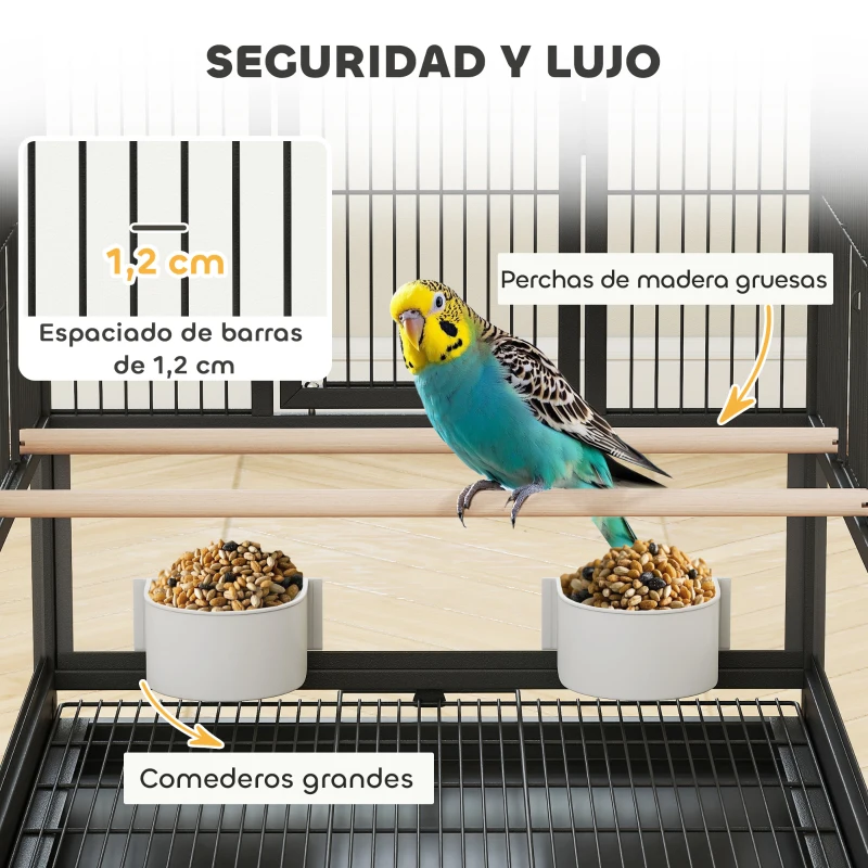 PawHut Jaula para Pájaros de 2 Niveles con Paneles Acrílicos Comederos Perchas Ruedas y Estante Inferior 48x46x134,5 cm Negro