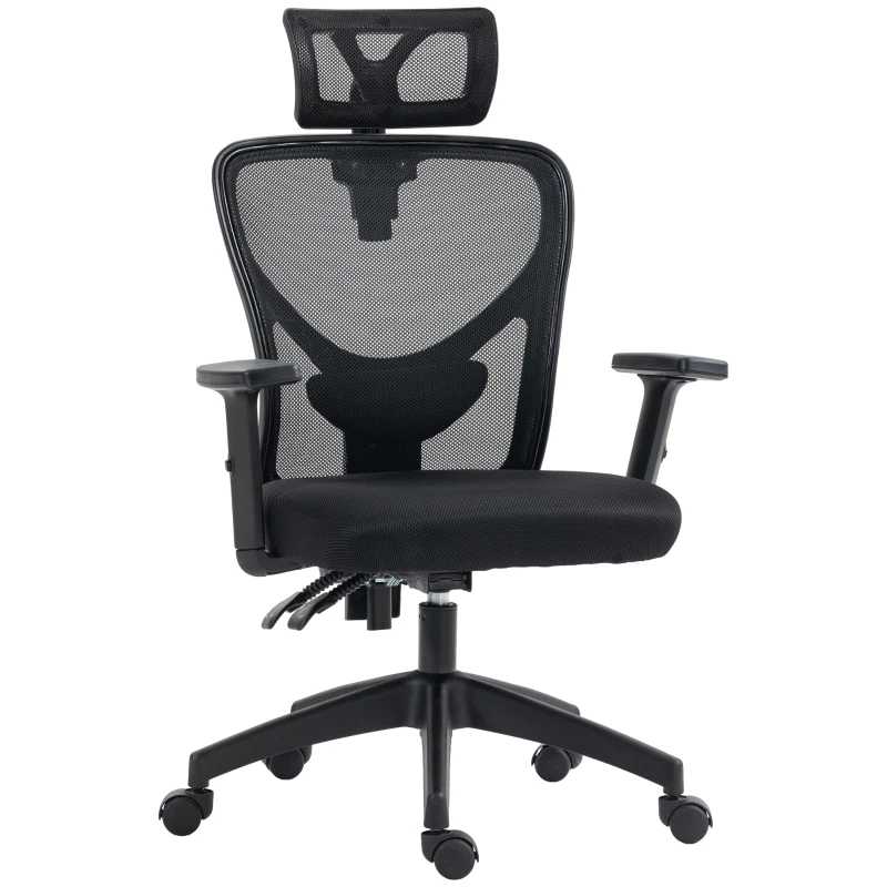 Vinsetto Silla de Oficina Ergonómica con Altura Regulable, Soporte Lumbar y Reposacabezas, 66x61x106-116cm Negro