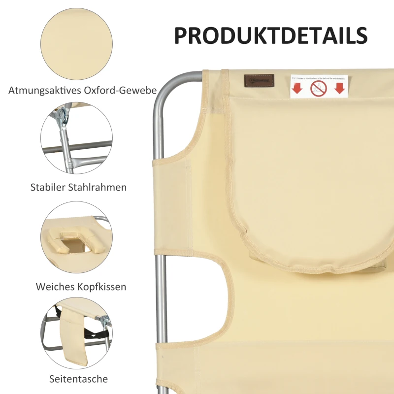 Outsunny Gartenliege, Liegestuhl mit gepolsterter Gesichtsöffnung, Massage-Liege für draußen, Seitentasche, Stoff, Metall, Beige