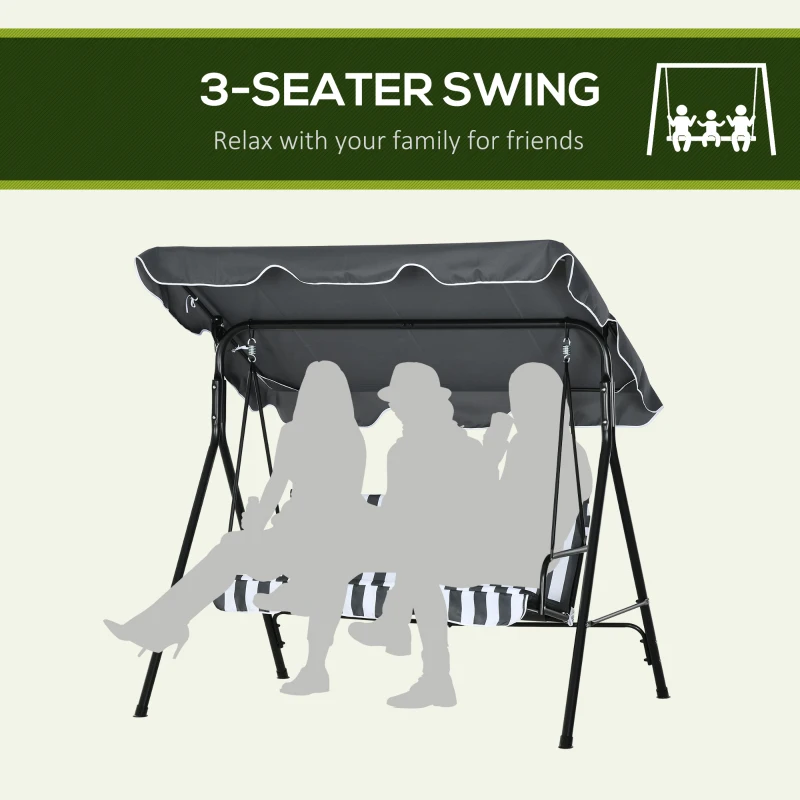 Outsunny Three-Seater Garden Swing Chair, with Adjustable Canopy - Grey Stripe