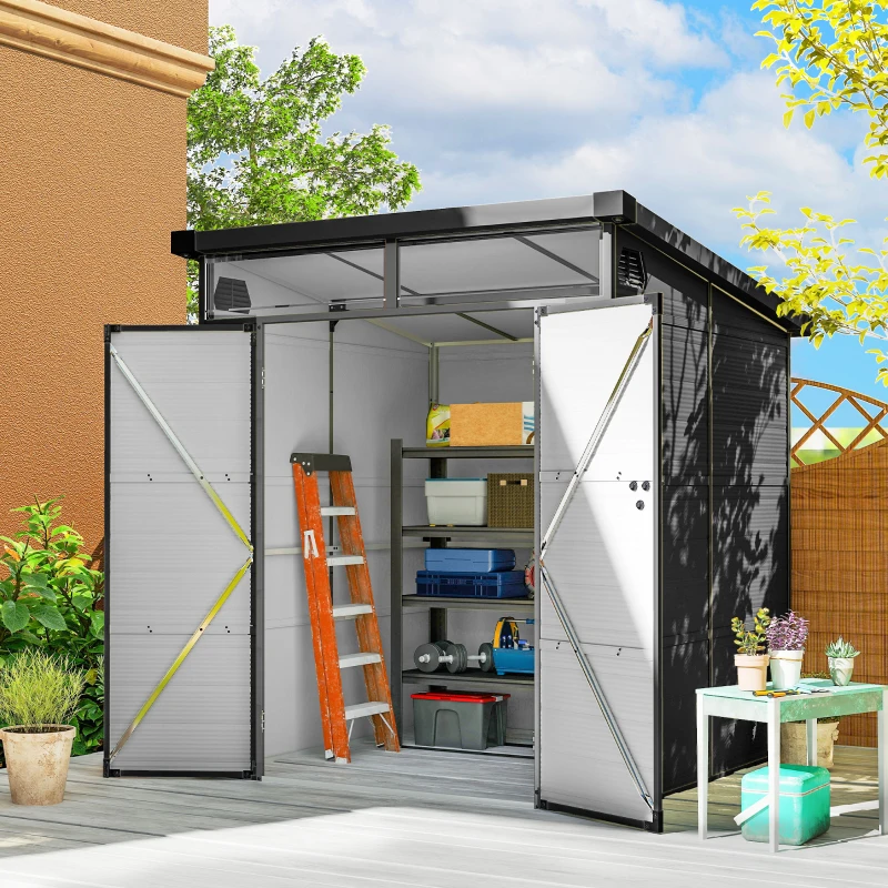 Outsunny 6 x 6ft Outdoor Storage Shed, Plastic Garden Shed with Windows and Air Vents, Outdoor Resin Tool Shed with Latch Doors for Garden, Deck, Dark Grey