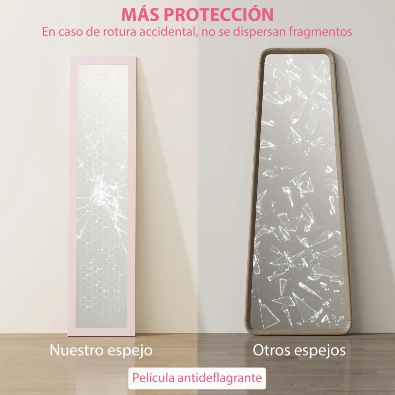 HOMCOM Espejo de Cuerpo Entero 157x37 cm con Marco de MDF Espejo de Pie Inclinado o Colgante Rosa Perla Claro