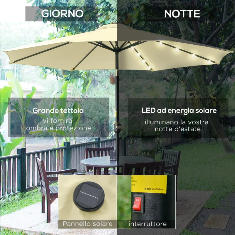 Outsunny Ombrellone da Giardino Inclinabile Ø265 cm con 32 Luci LED Solari e Manovella, Beige