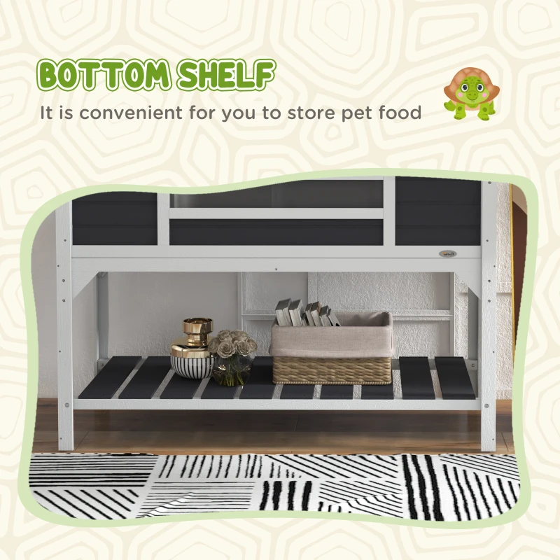 PawHut Wooden Tortoise Enclosure w/ Adjustable Lamp Holder, Openable Lid, Dual Main Houses, Storage Shelf, Fixed Tray - Grey