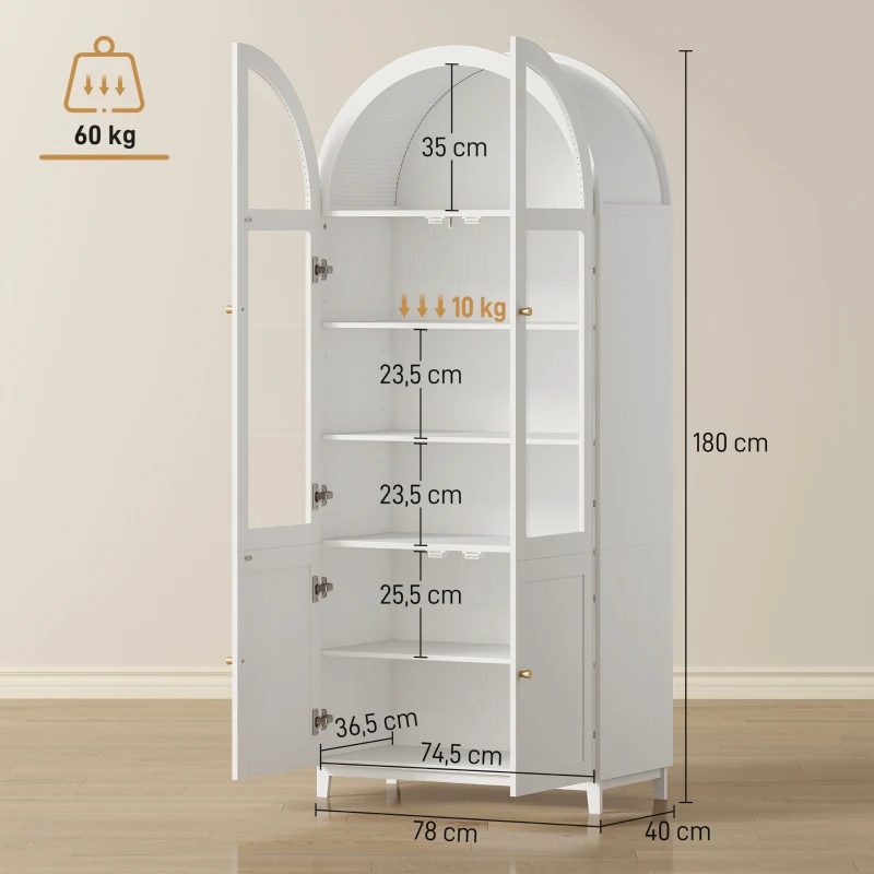 HOMCOM Armario de cocina, vajillero vitrina con 4 puertas, 2 de acrílico y estantes regulables, 78x40x180 cm, blanco