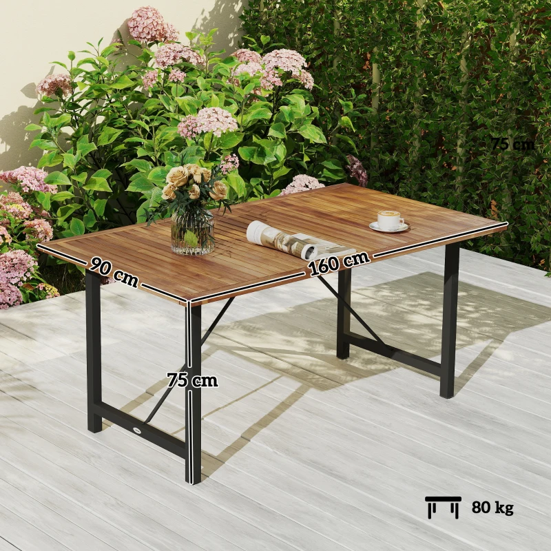 Outsunny Mesa de Jardín 160x90 cm en Madera de Acacia y Acero con Sobre de Lamas, Teca