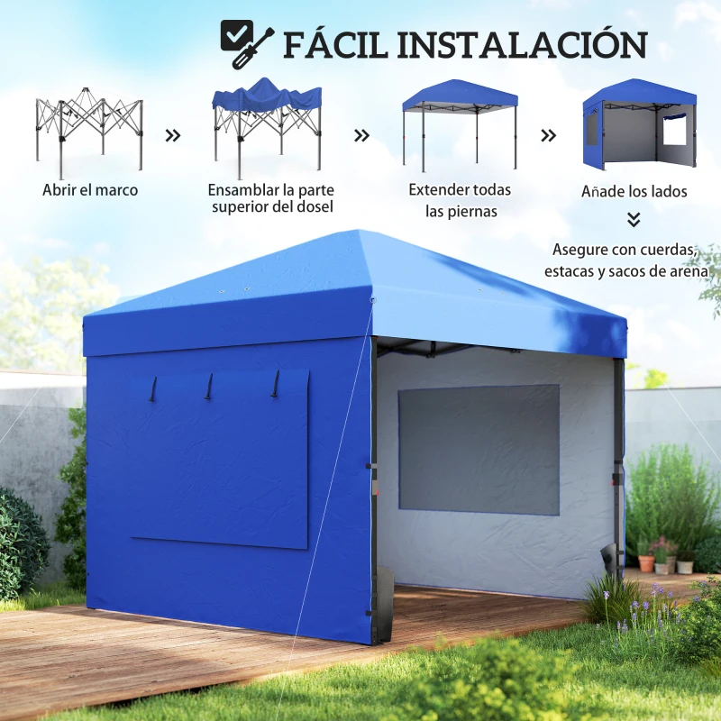Outsunny Carpa Plegable Pop-up 3x3 m con 3 Paredes 2 Ventanas Altura Ajustable UPF50+ Bolsa Transporte y Sacos de Arena Azul
