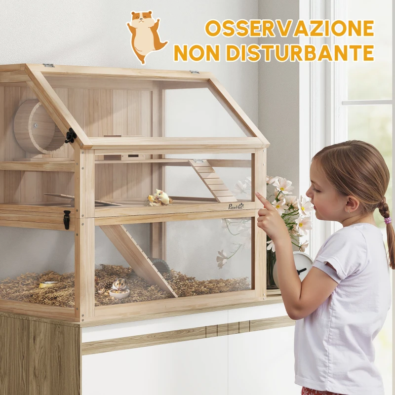 PawHut Gabbia per criceti a 3 livelli con fondo removibile e altalena, 80x50x76 cm, Legno naturale