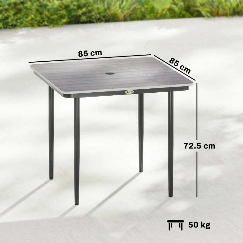 Outsunny Garden Dining Table for 4, 85 cm Square Outdoor Table with Umbrella Hole, Faux Wood Top, Metal Legs, Light Grey