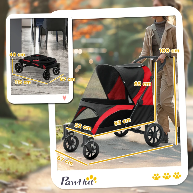 PawHut Foldable Pet Stroller for Large Dogs with Four Big Wheels, Shock-Absorbing Frame, Safety Leashes, Brakes, Red/Black