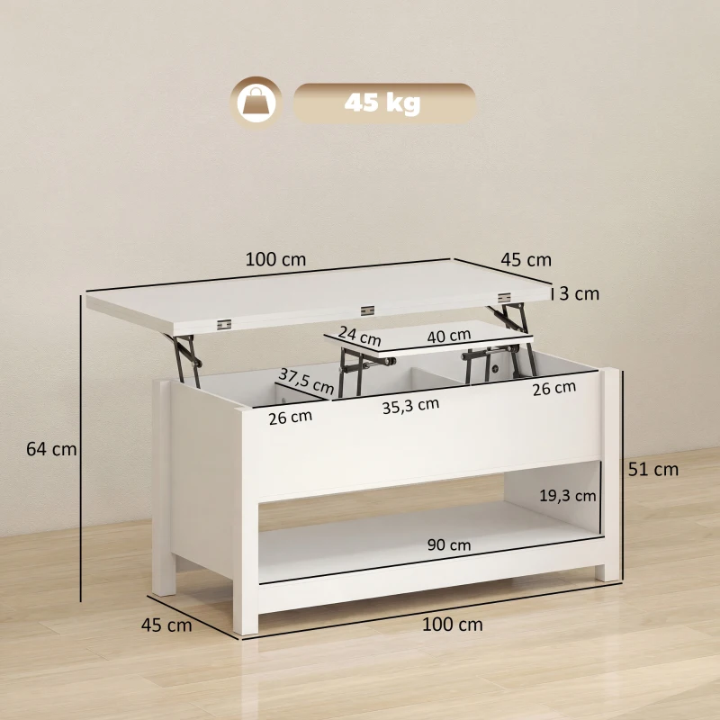 HOMCOM Mesa de Centro Elevable y Extensible con Compartimentos Ocultos Estante Abierto 100x90x64 cm Blanco