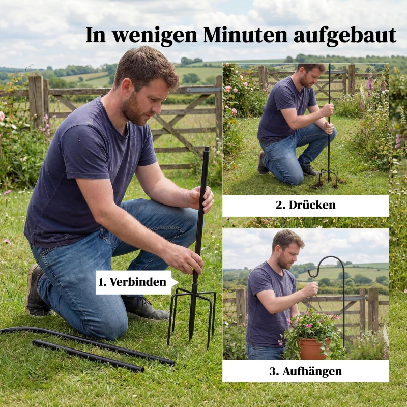 Outsunny Schäferhaken 160cm, 2 Stück Hirtenhaken mit 5 Zinken Haken Laternenstab für Solarleuchten Pflanzkörbe Schwarz