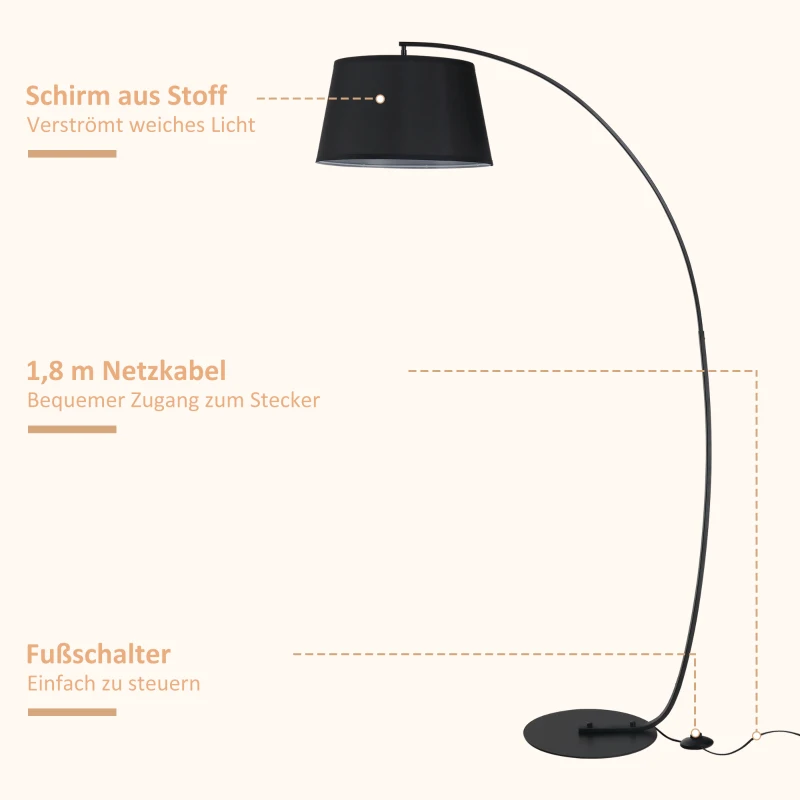 HOMCOM Stehlampe, Gebogene Stehleuchte mit Stoffschirm, Bodenlampe mit runder Basis, Metall, 105L x 47B x 190H cm, Schwarz